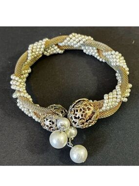 Vintage Memory Wire Wrap Bracelet Gold Tone White Bead Dangle Art Deco Victorian